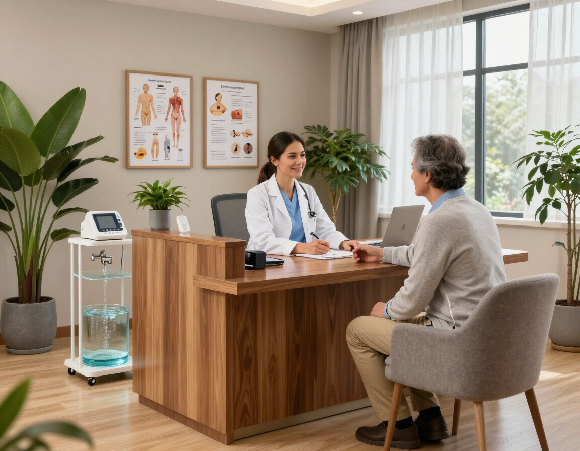 Un médico atiende a un paciente sentado en una luminosa consulta, que cuenta con un escritorio y equipo médico.