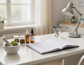Escritorio blanco con cuaderno abierto, botellas de color ámbar, cuenco de hierbas 