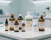Diversos frascos de medicamentos y suplementos dispuestos sobre una mesa blanca en un entorno clínico luminoso.