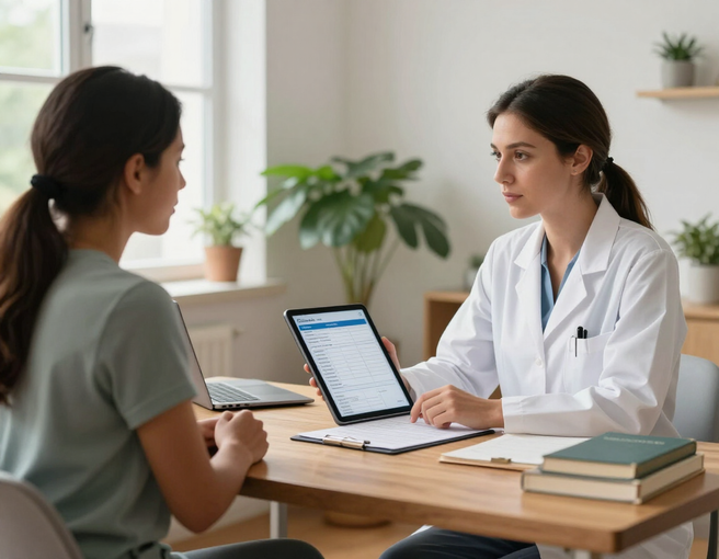 Un paciente y un médico conversan al otro lado de un escritorio 