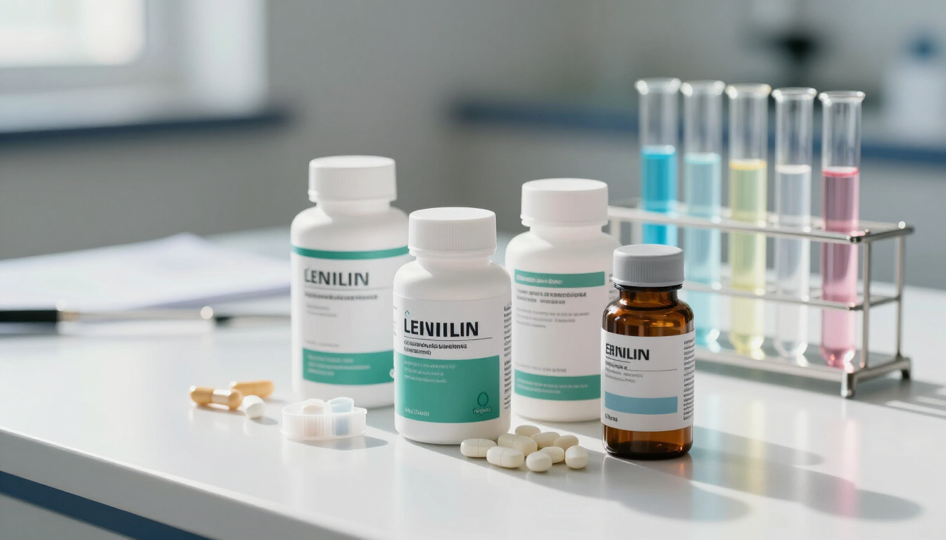 Frascos de medicamentos, pastillas y tubos de ensayo de diversos tipos sobre una mesa de laboratorio.