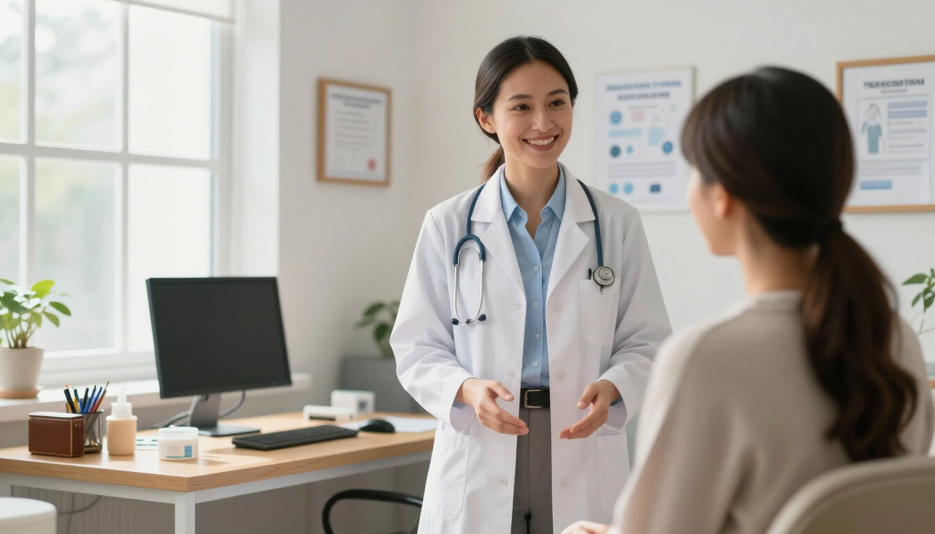 Un médico habla con un paciente sentado en un luminoso consultorio médico.
