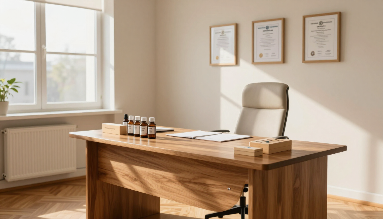 Oficina luminosa con escritorio de madera, silla, certificados enmarcados y botellas sobre el escritorio.