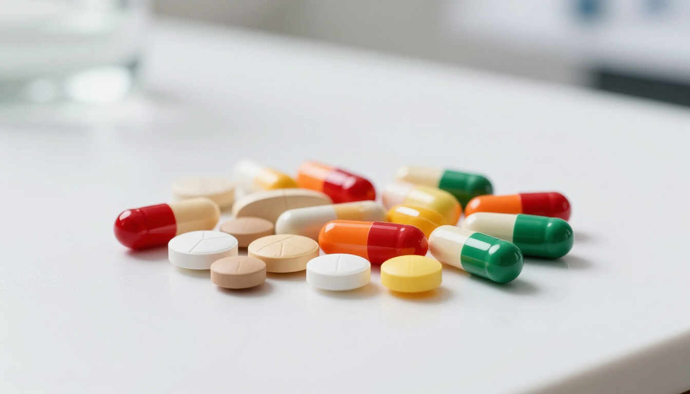 Pastillas y cápsulas de colores variados esparcidas sobre una mesa blanca.