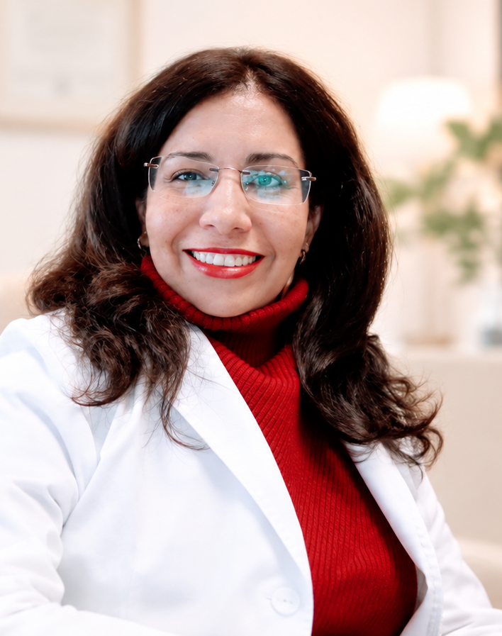 Un médico sonriente con bata blanca se encuentra de pie en un luminoso consultorio clínico.