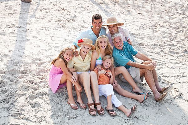 a large family is sitting on the beach posing for a picture .