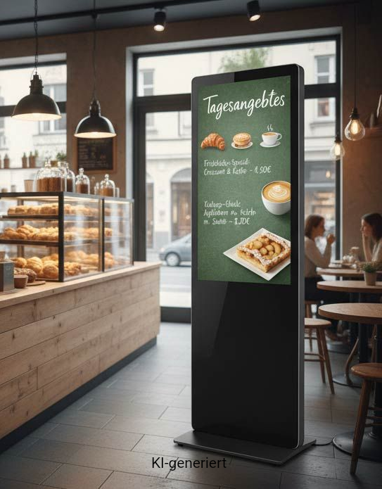 In einem Café werden auf einer digitalen Menütafel die Tagesgerichte angezeigt.