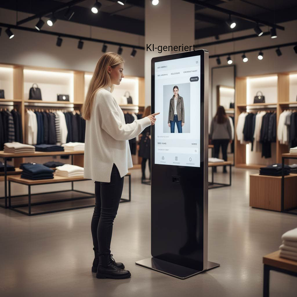 Eine Frau interagiert mit einem digitalen Display in einem Bekleidungsgeschäft, indem sie den Bildschirm berührt.