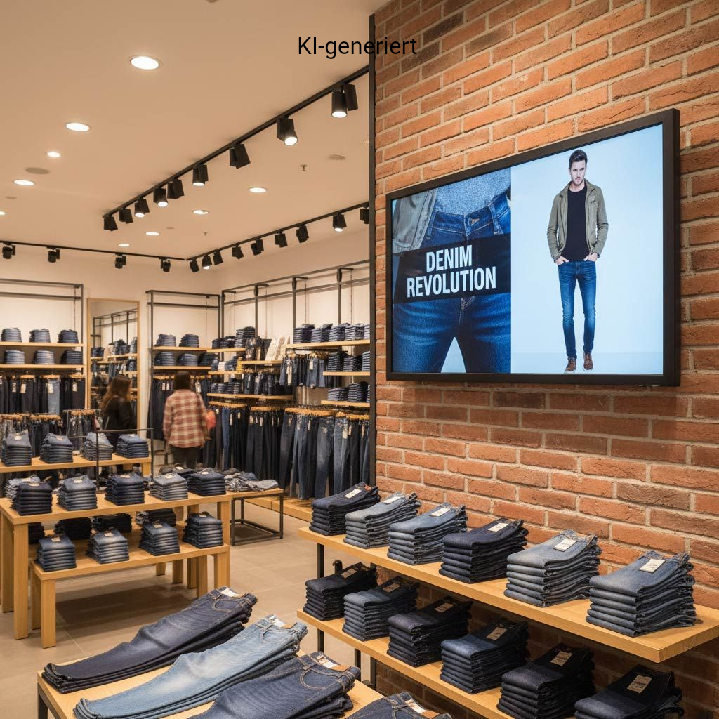 Innenansicht eines Jeansgeschäfts mit Regalen voller Jeans; an einer Backsteinwand ist ein Fernseher mit einer Jeanswerbung zu sehen.