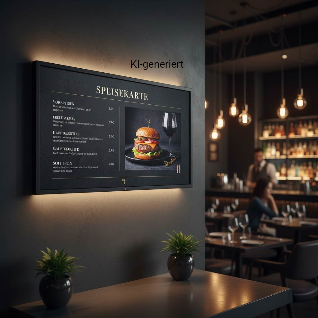 Digitale Speisekarte an der Wand in einem schwach beleuchteten Restaurant, die einen Burger und ein Weinglas zeigt.
