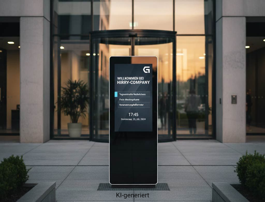 Schwarzes digitales Verzeichnis vor dem Büroeingang mit Firmeninformationen.