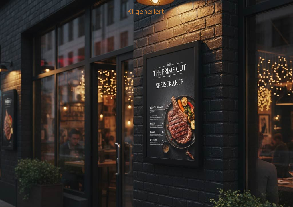 Restaurantfassade, beleuchtetes Schild mit Steakmotiv. Dunkler Backstein, offene Tür, verschwommener Innenraum, Abenddämmerung.