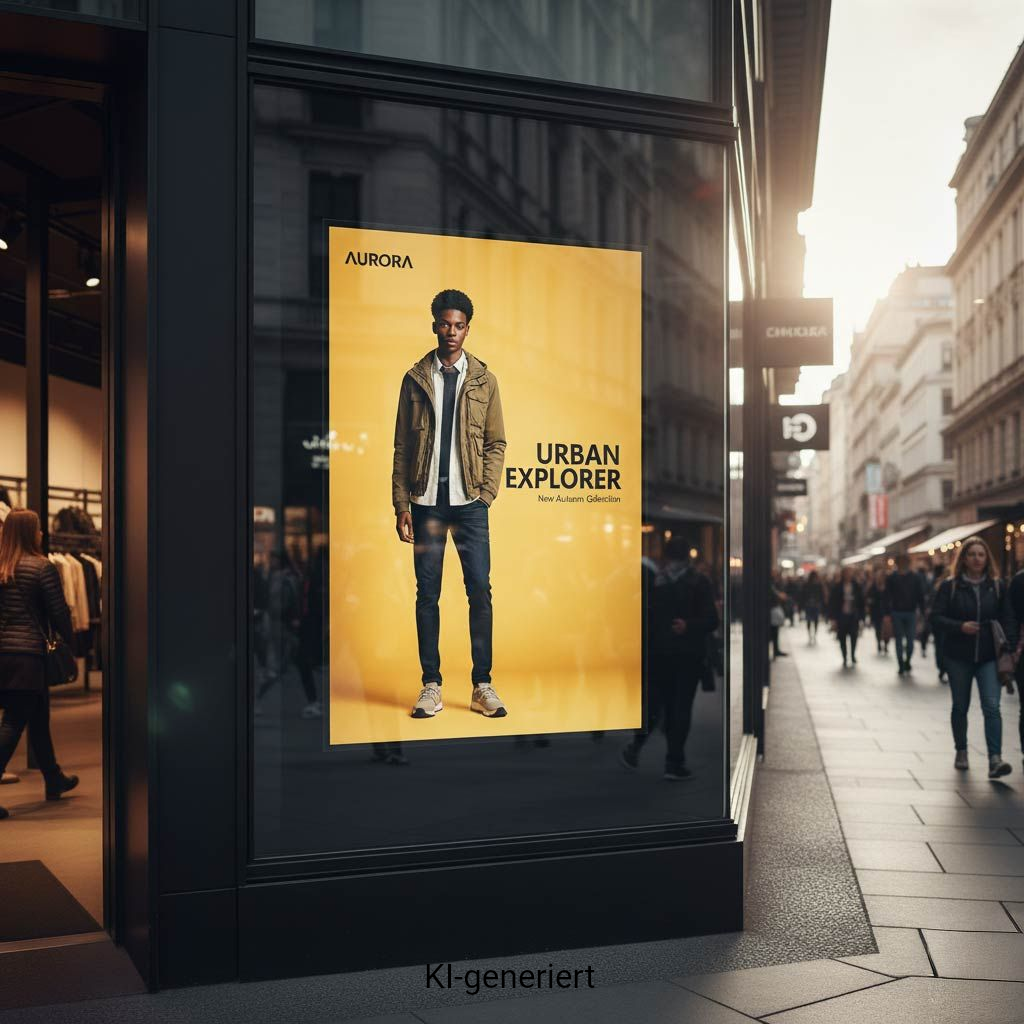 Plakat an einem Schaufenster mit einer Person in urbaner Kleidung und dem Schriftzug „Urban Explorer“. Fußgänger auf einer Stadtstraße.