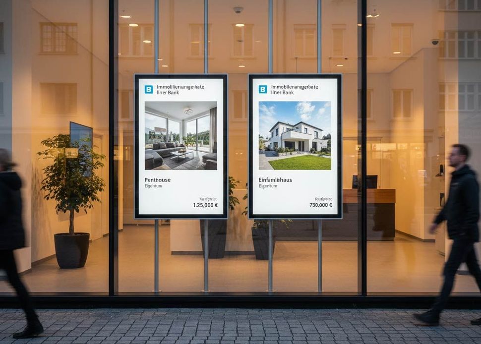 Zwei beleuchtete Immobilienanzeigen in einem Schaufenster; Passanten gehen vorbei.