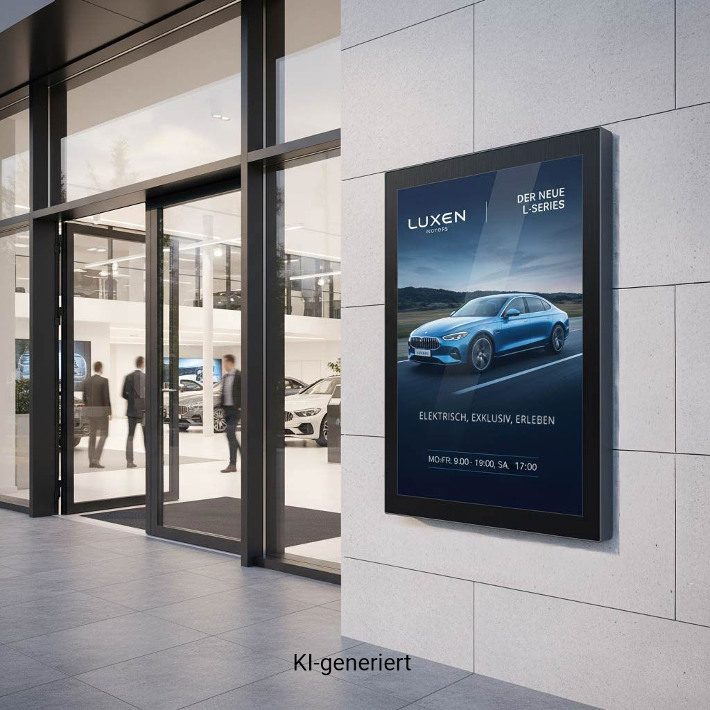 Digitale Anzeigetafel mit blauer Autowerbung vor einem Autohaus.
