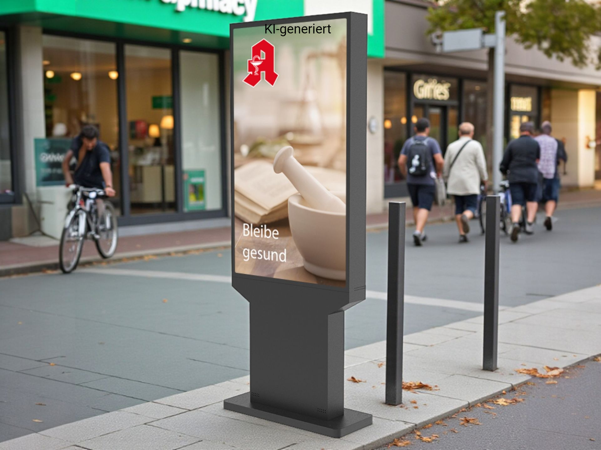 Digitales Schild an der Straße für eine Apotheke mit einer Mörser-und-Stößel-Grafik und dem Text „bleibe gesund“.