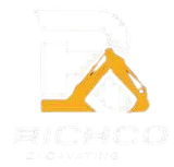 Orange excavator logo with faint text in the background