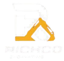 Orange excavator logo with faint text in the background