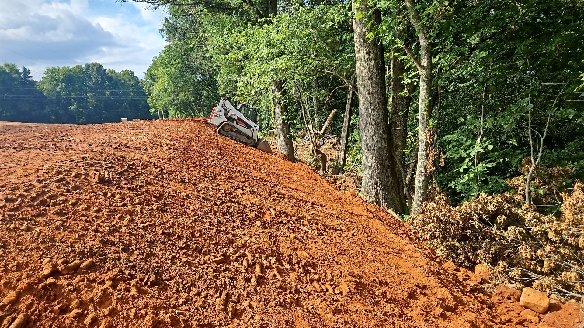 Red dirt road cut through trees, with a bulldozer working near the edge of a wooded area.