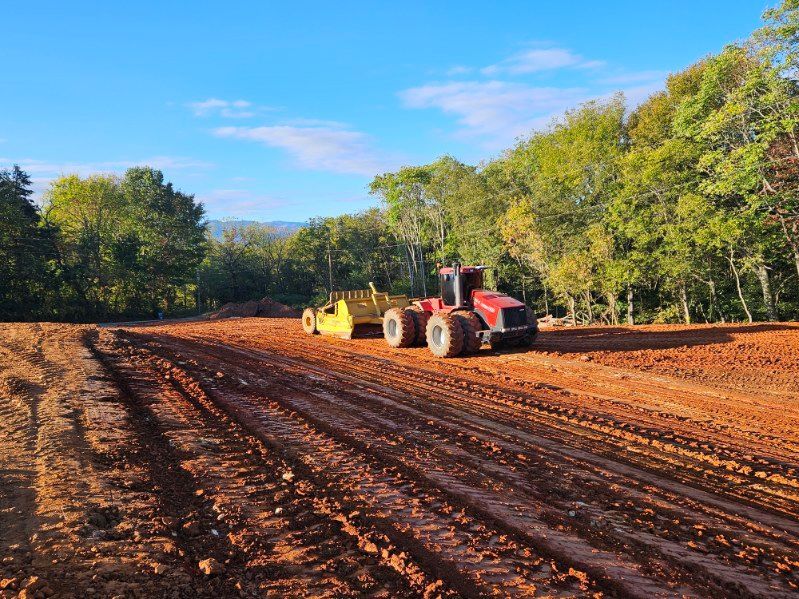 Red tractor grading a freshly plowed field under a bright blue sky with trees along the edge