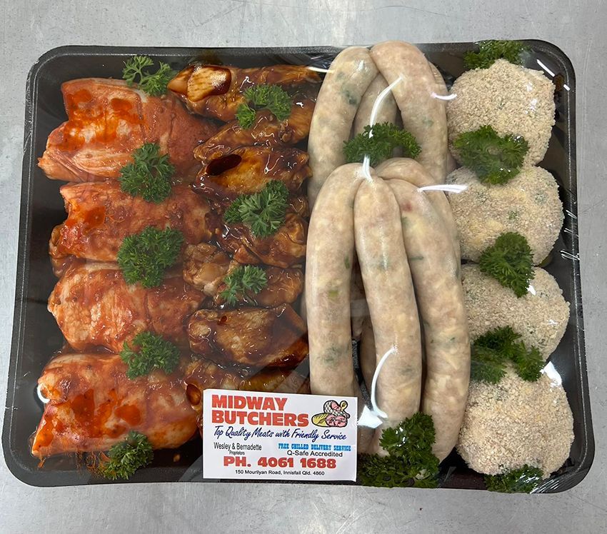 A Tray of Meat and Sausages from Midway Butchers — Midway Butchers in Innisfail, QLD