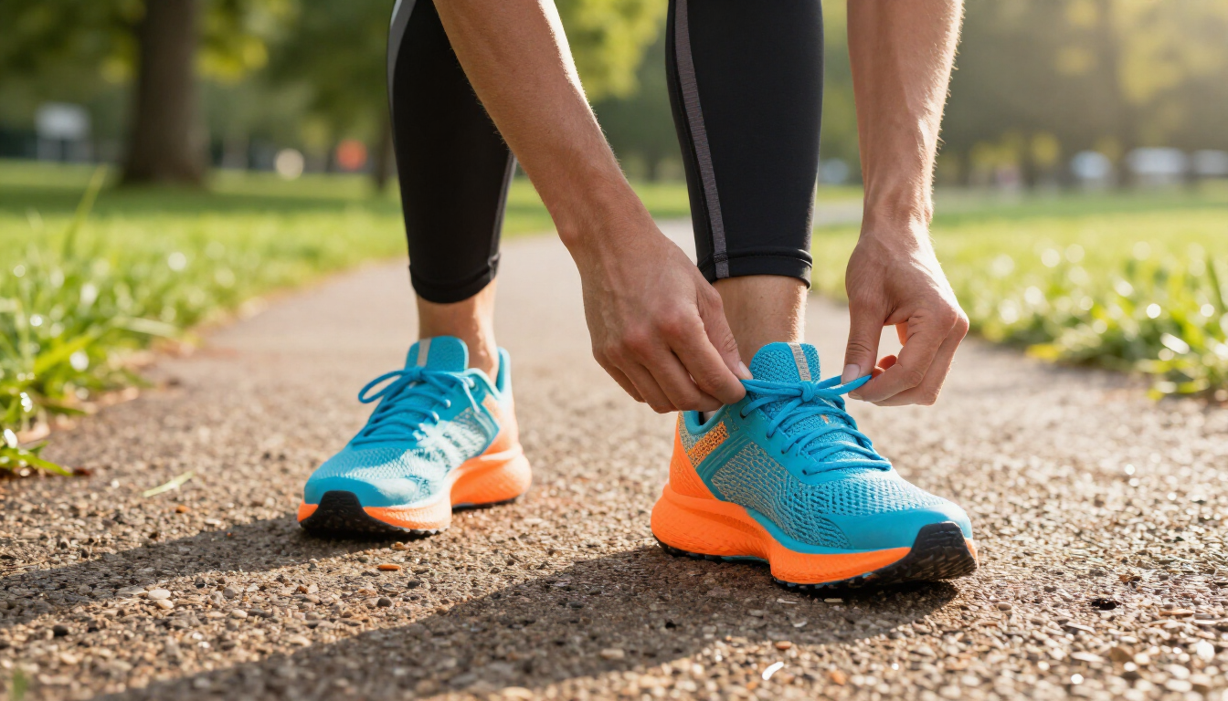 A person walking in comfortable sneakers on a scenic trail.