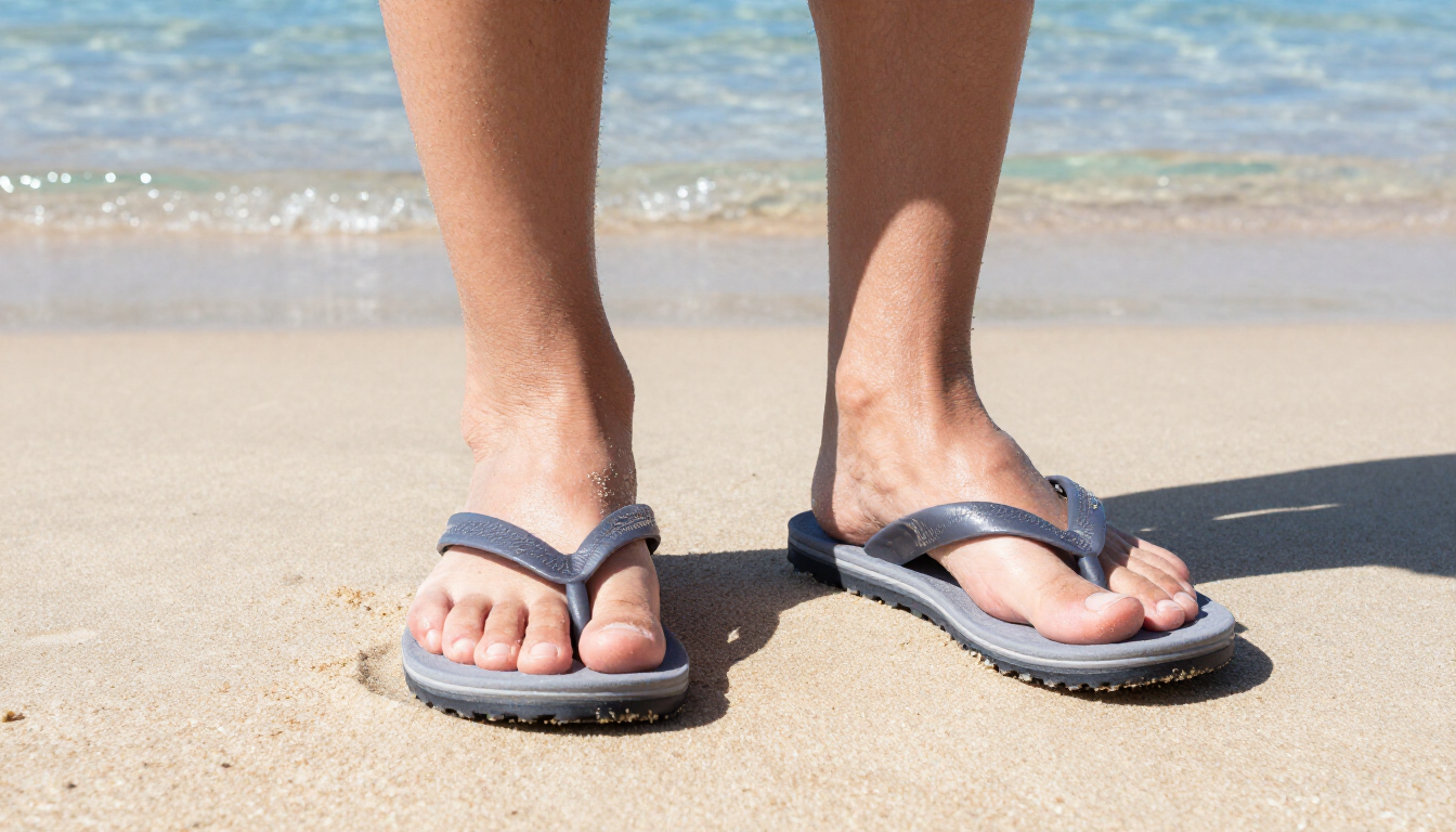 Feet on a sunny beach representing summer foot care.