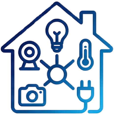 Blue home outline with smart devices icons: light bulb, camera, thermostat, plug, webcam, and hub inside.