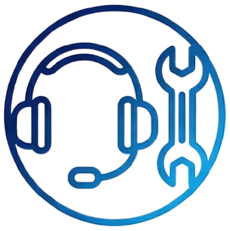 Blue headset and wrench icon inside a circle, suggesting technical support or repair service