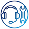 Un casque audio bleu et une clé à molette à l'intérieur d'un cercle suggèrent un service d'assistance technique ou de réparation.