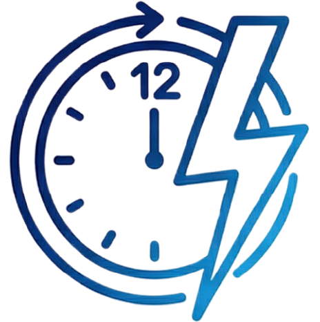 Blue clock with lightning bolt, symbolizing fast time or quick energy.