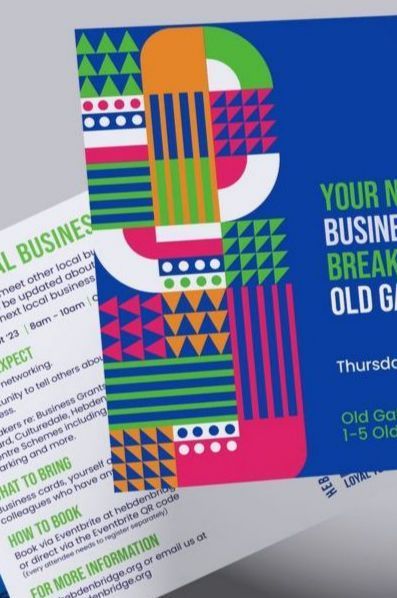 Flyer for a business networking event at Old Gaol, featuring colorful geometric design on a blue background.
