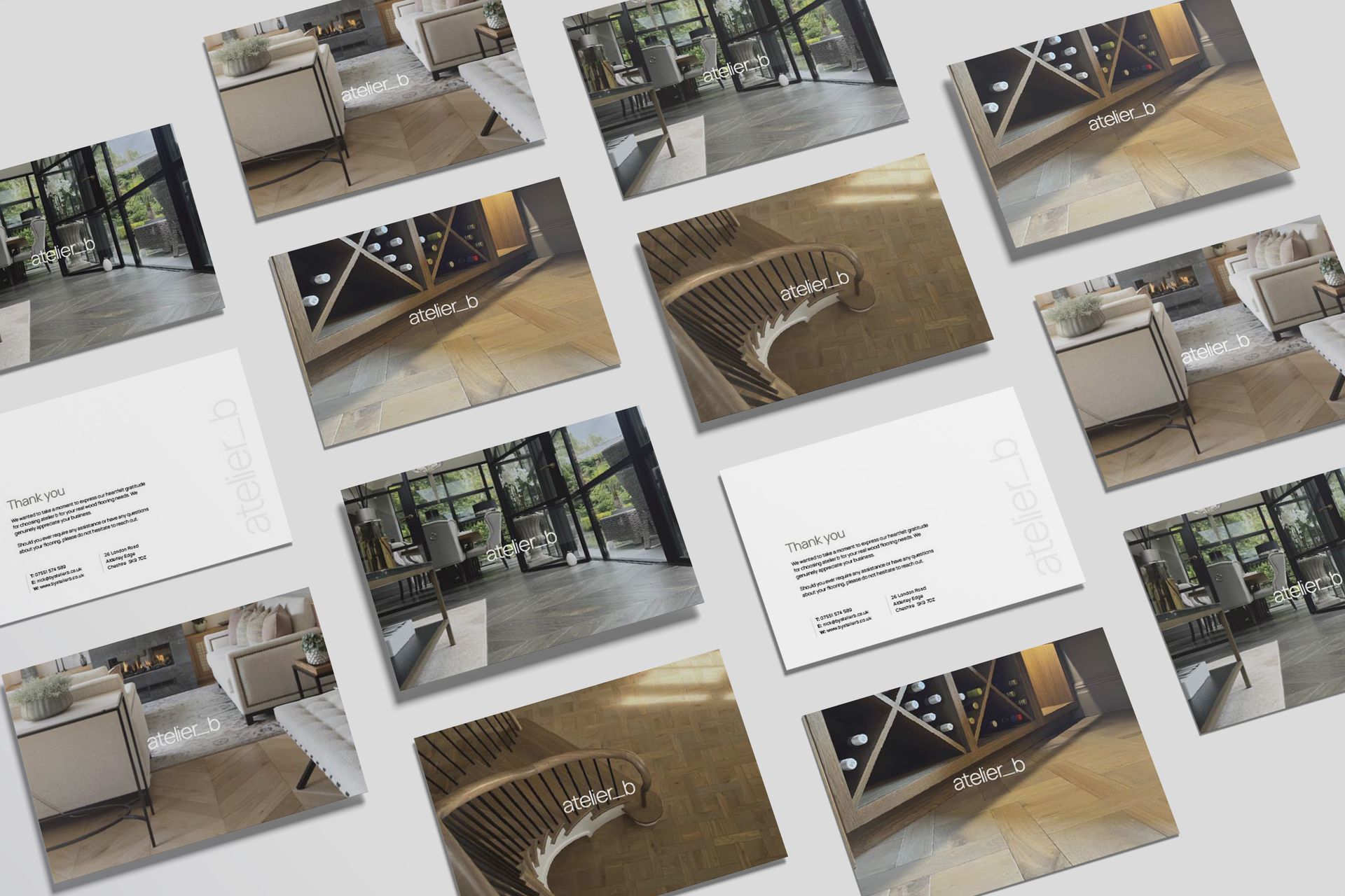 Business cards, interior design photo, modern style. White background, room with wine rack and seating.