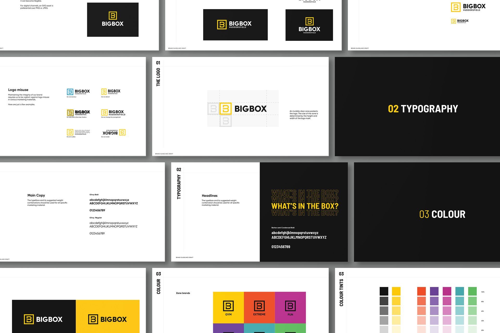 Brand guidelines presentation showing logo variations, color palette, and typography. Black and yellow design.