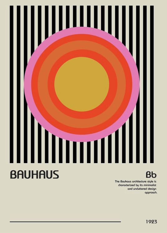 Bauhaus poster with concentric circles of color on striped background, text below.