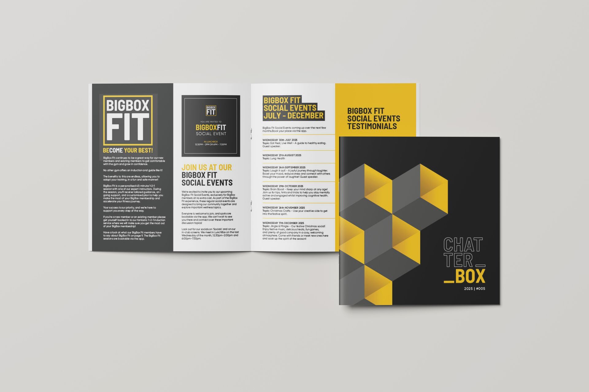 Brochure for Big Box Fit, a fitness center, with black and yellow design elements.