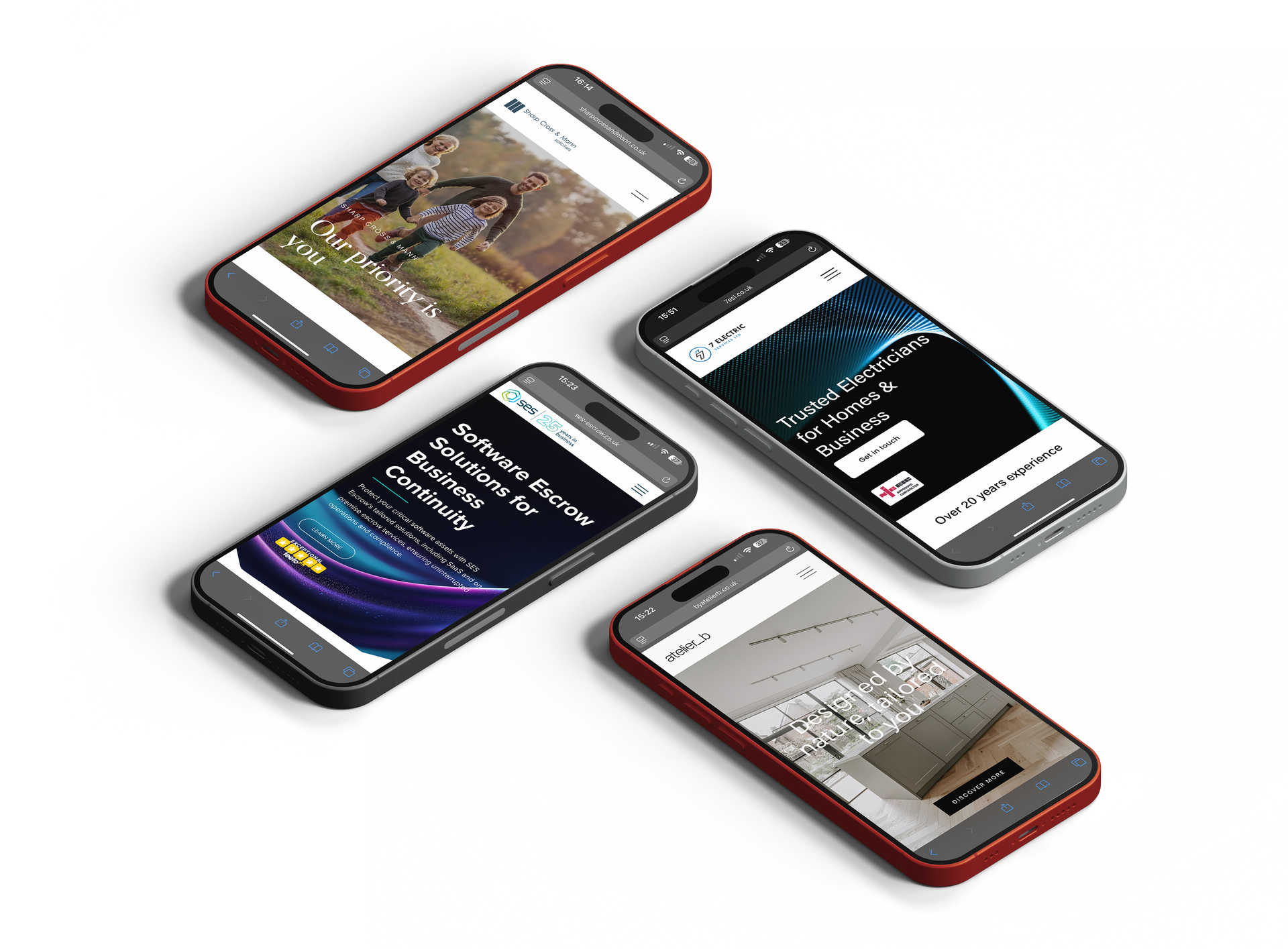 Four smartphones displaying different website interfaces, angled on a white surface.