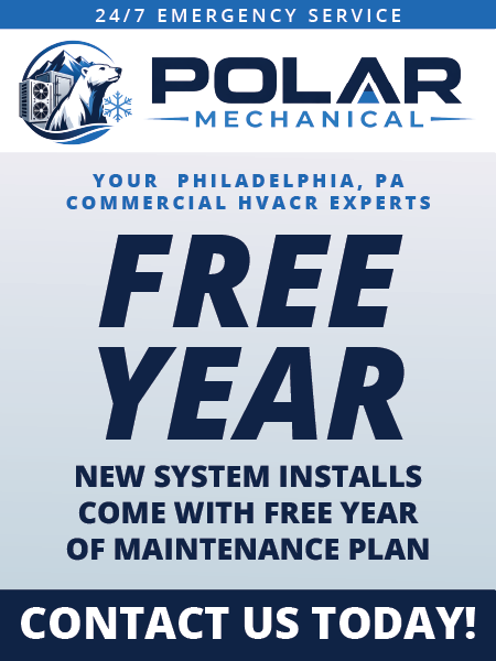 Polar Mechanical HVAC ad with blue text: “Free Year” maintenance plan for new system installs, contact us today.