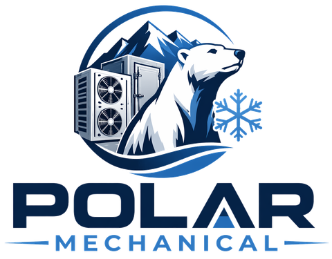 Polar Mechanical logo with polar bear, mountains, HVAC unit, and snowflake in blue and white.