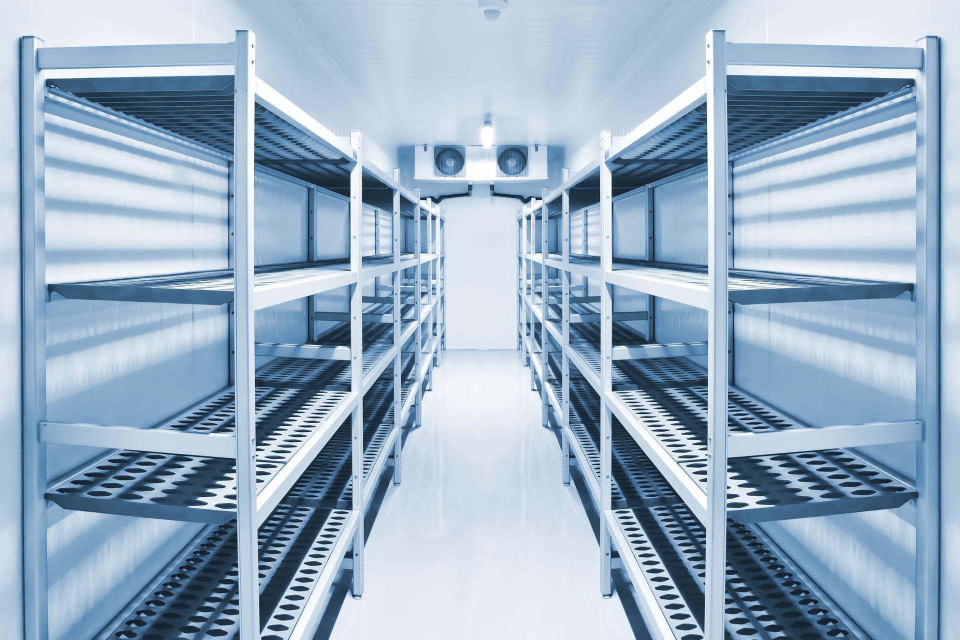 Empty metal shelves in a bright, white industrial aisle