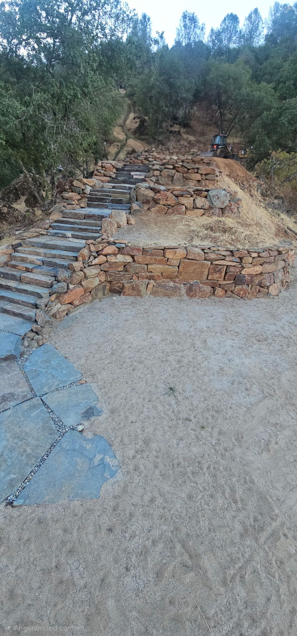 Stone steps and a rough dirt path leading up a wooded hillside from a paved area.