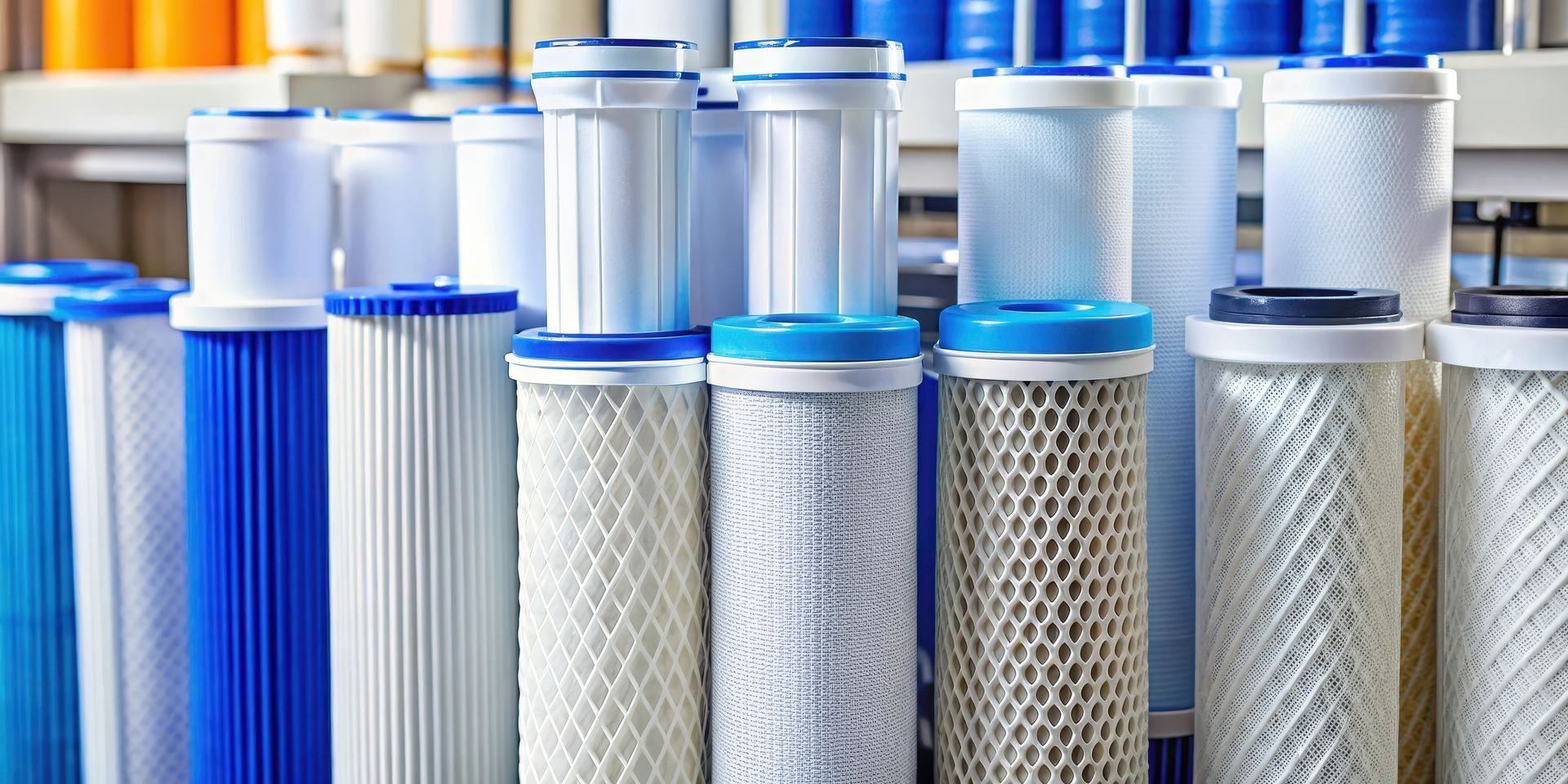 Rangées de filtres à air cylindriques à capuchon bleu dans un entrepôt