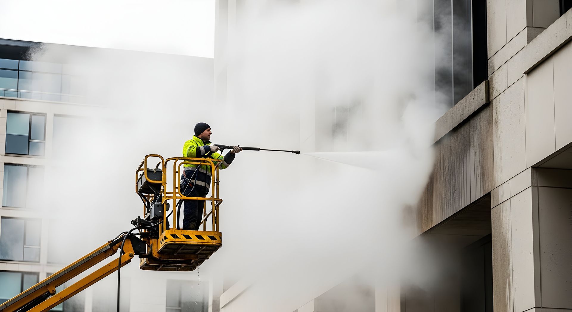 Un ouvrier dans une nacelle jaune pulvérise de l'eau pour éteindre un incendie sur la façade d'un bâtiment