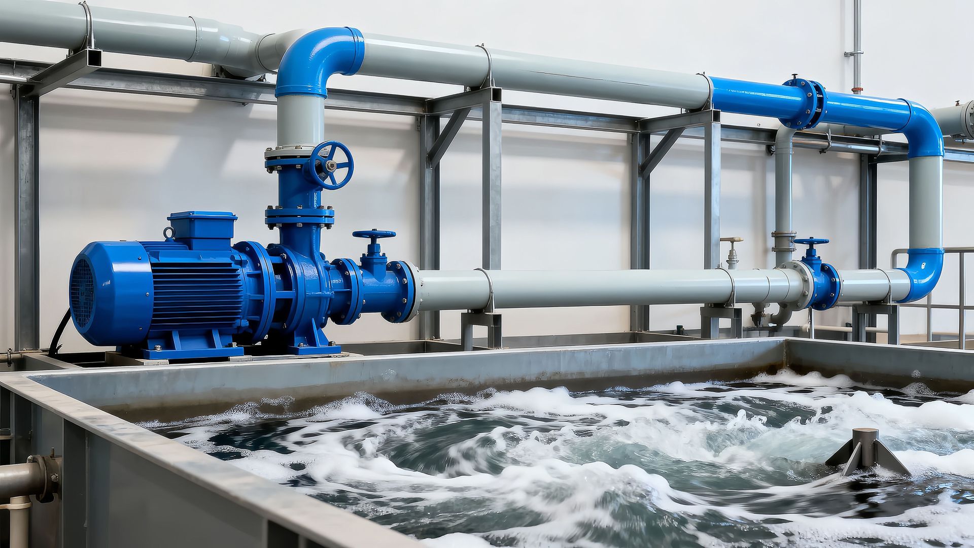 Pompes industrielles bleues et tuyauterie à côté d'eau en ébullition dans une station d'épuration