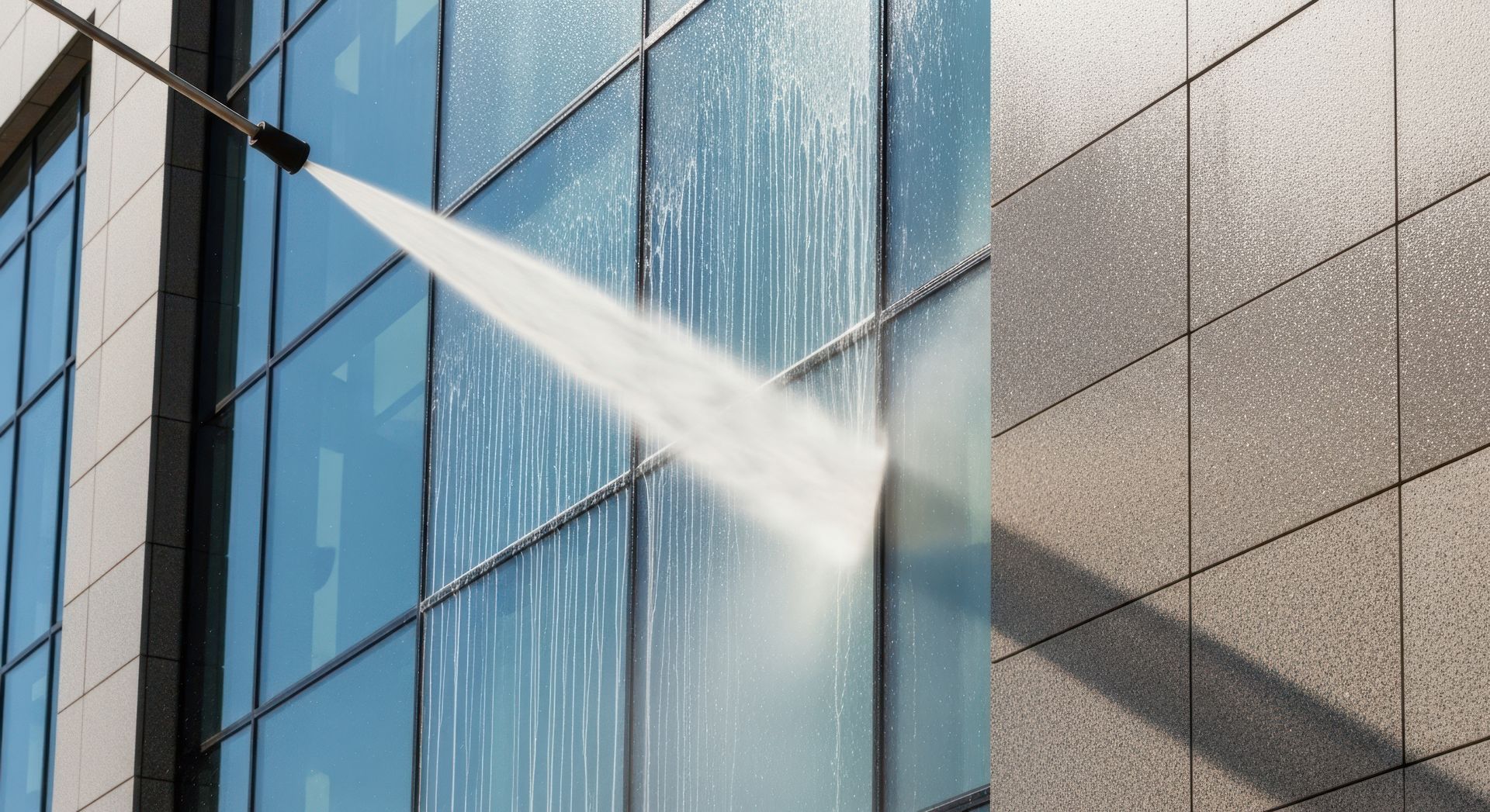 Nettoyage au jet d'eau d'une façade vitrée moderne, pour nettoyer les fenêtres et les panneaux.