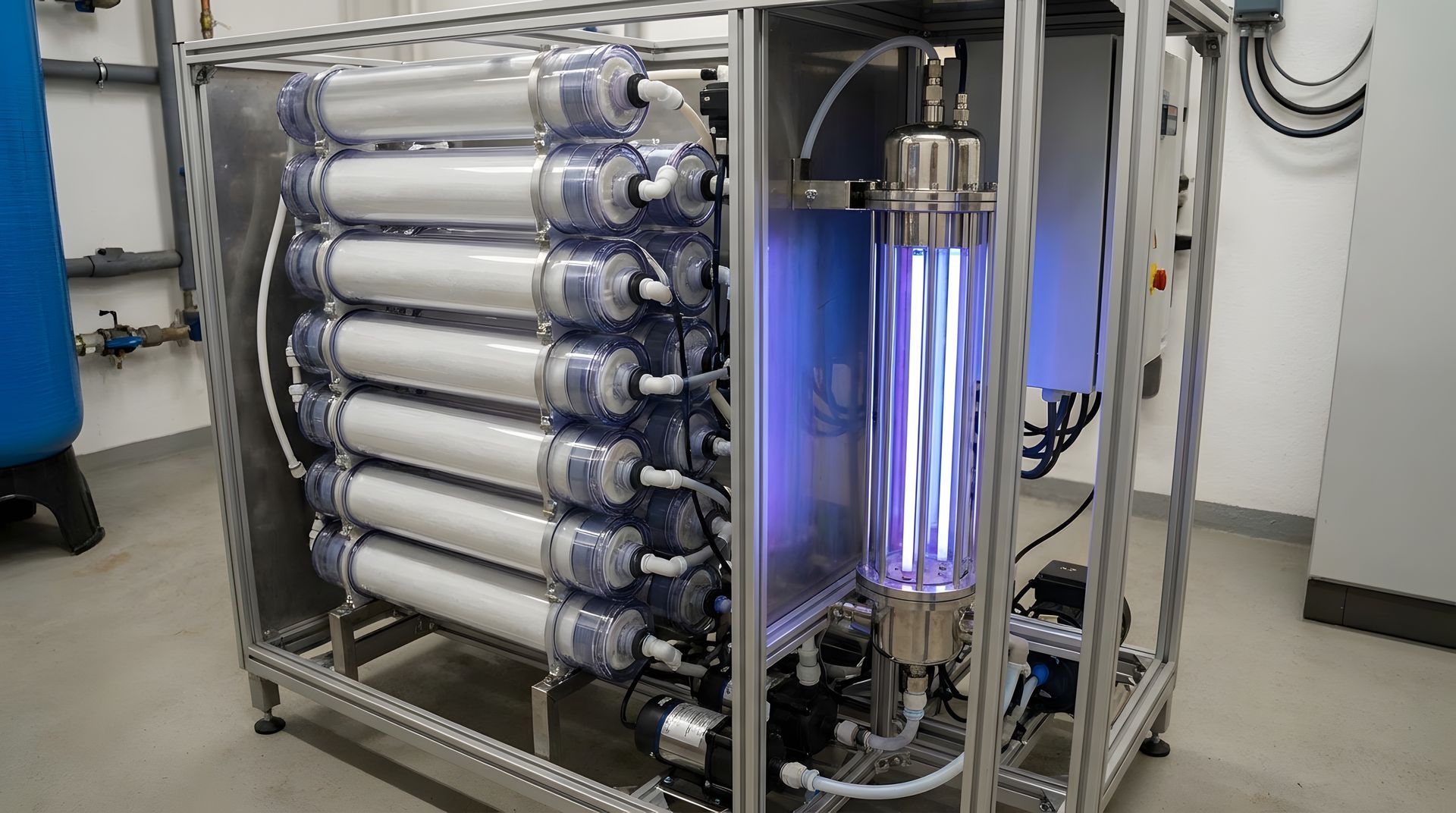 Système de filtration d'eau industriel avec filtres blancs empilés et tubes à lumière UV bleue dans un cadre métallique