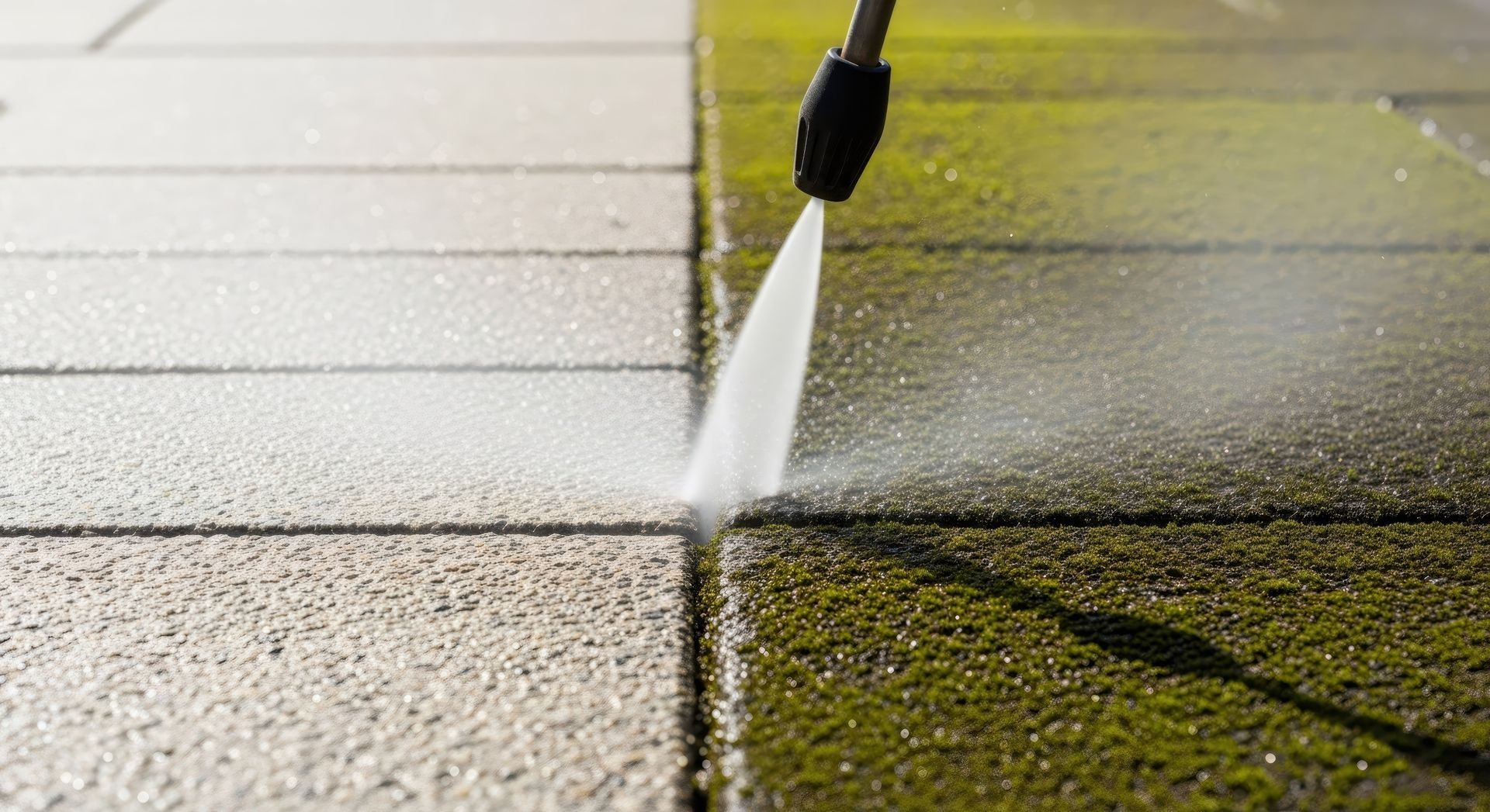 Nettoyeur haute pression pulvérisant de l'eau sur une terrasse en béton, enlevant la saleté et la mousse