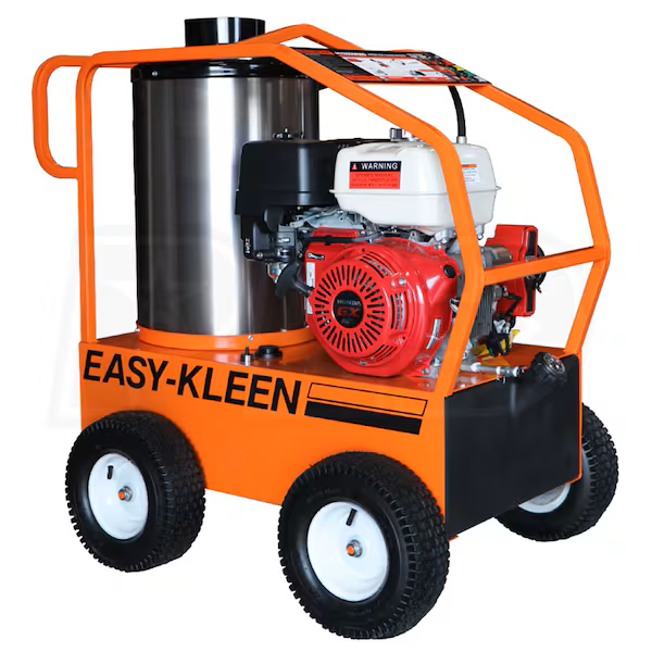Nettoyeur haute pression portable orange avec châssis noir et moteur rouge sur quatre roues
