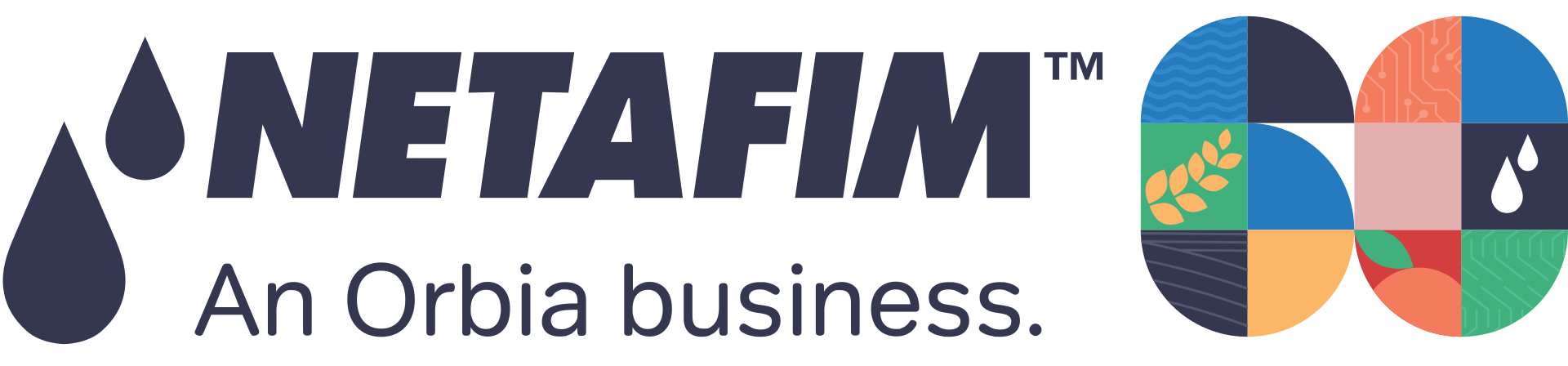 Logo NETAFIM avec le texte « Une entreprise Orbia » et des éléments graphiques circulaires colorés