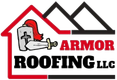 Logo of Armor Roofing LLC featuring a knight's helmet and shield inside a red house outline; black roof peaks.